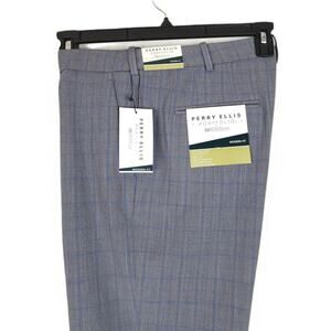 Perry Ellis Men's Modern-Fit Stretch Dress Pants Mid Grey/Blue Plaid 33x32 NWT